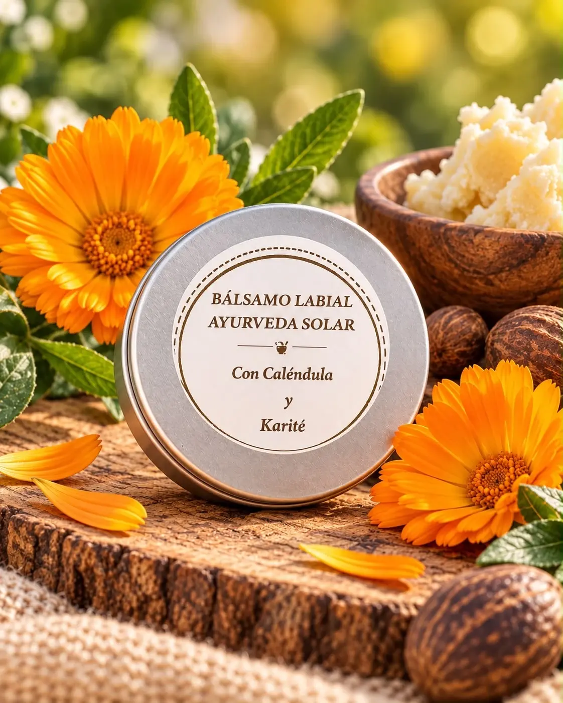Lata del bálsamo labial Ayurveda Solar con caléndula y karité, entre flores de caléndula
