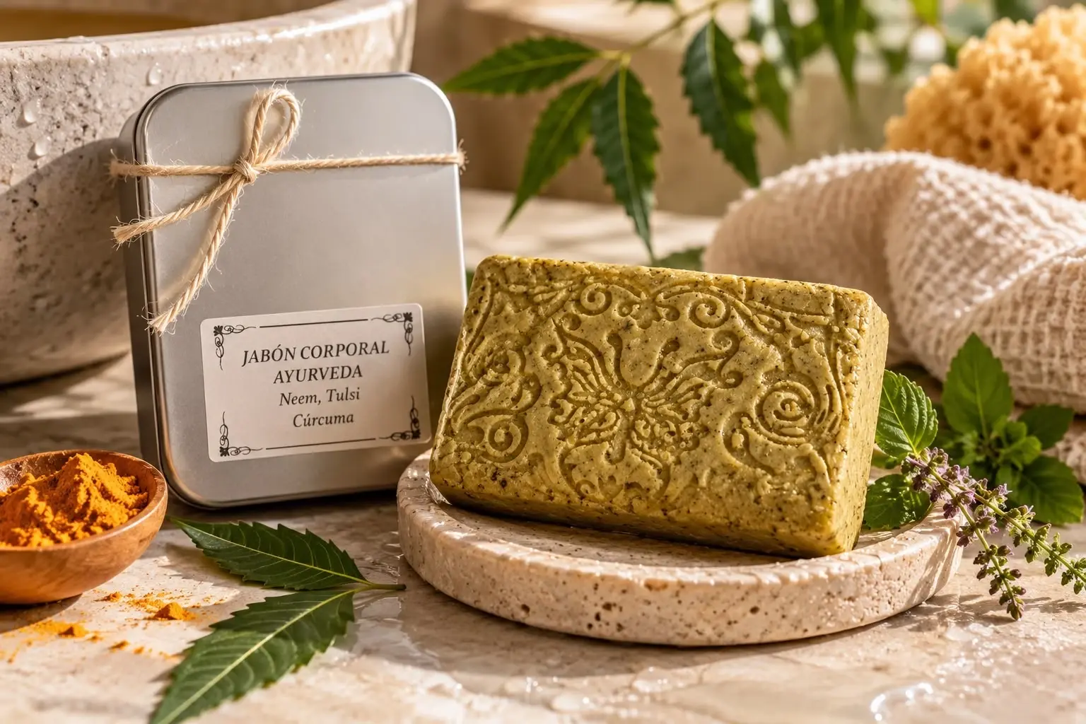 Pastilla de jabón corporal Ayurveda junto a su lata, con hojas de neem y cúrcuma en polvo