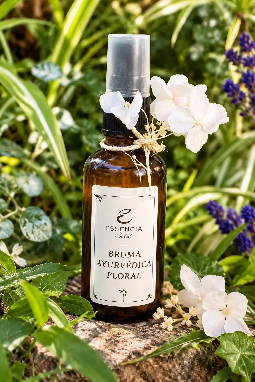Frasco ámbar de la bruma ayurvédica floral con flores blancas atadas al cuello, en un jardín