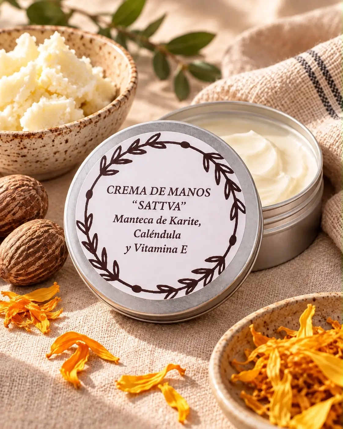 Lata abierta de la crema de manos, con manteca de karité y pétalos de caléndula alrededor