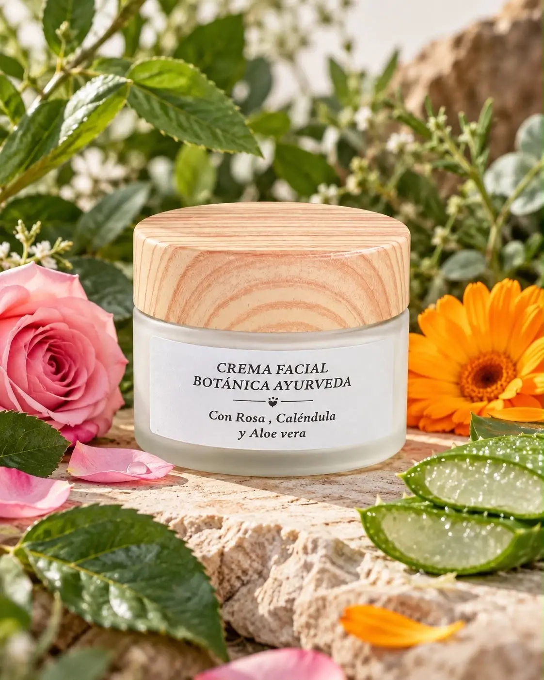 Tarro de la crema facial botánica Ayurveda con tapa de madera, entre una rosa, una caléndula y hojas de aloe vera