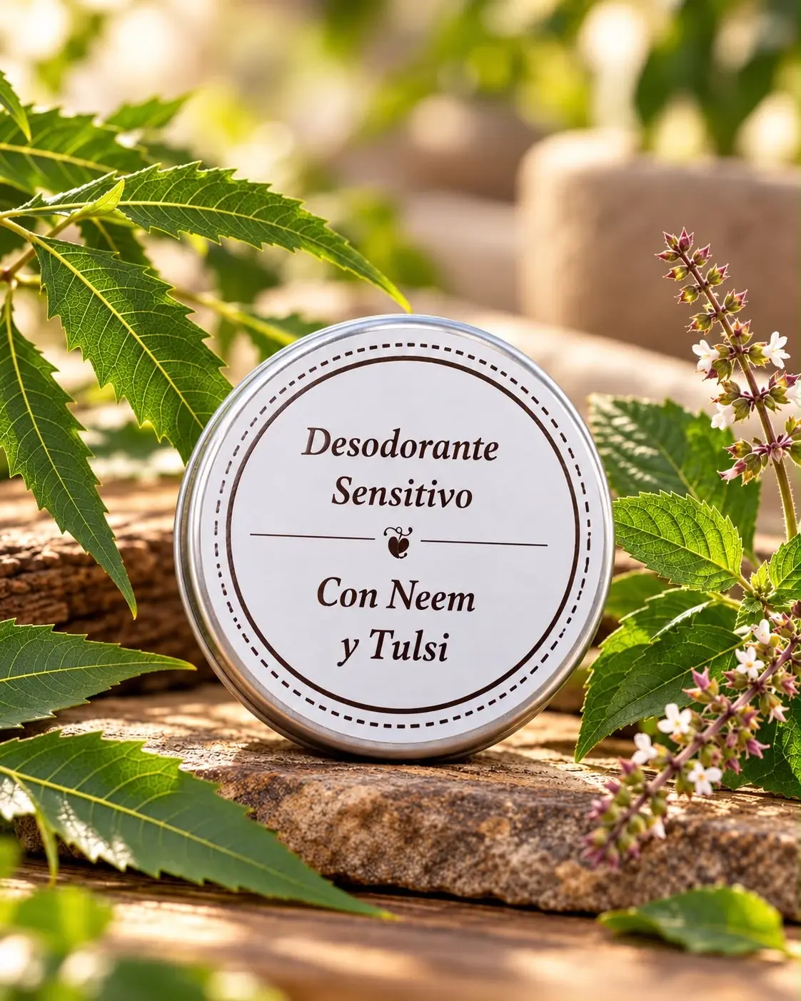 Lata del desodorante sensitivo con neem y tulsi, entre hojas de neem y flores de tulsi