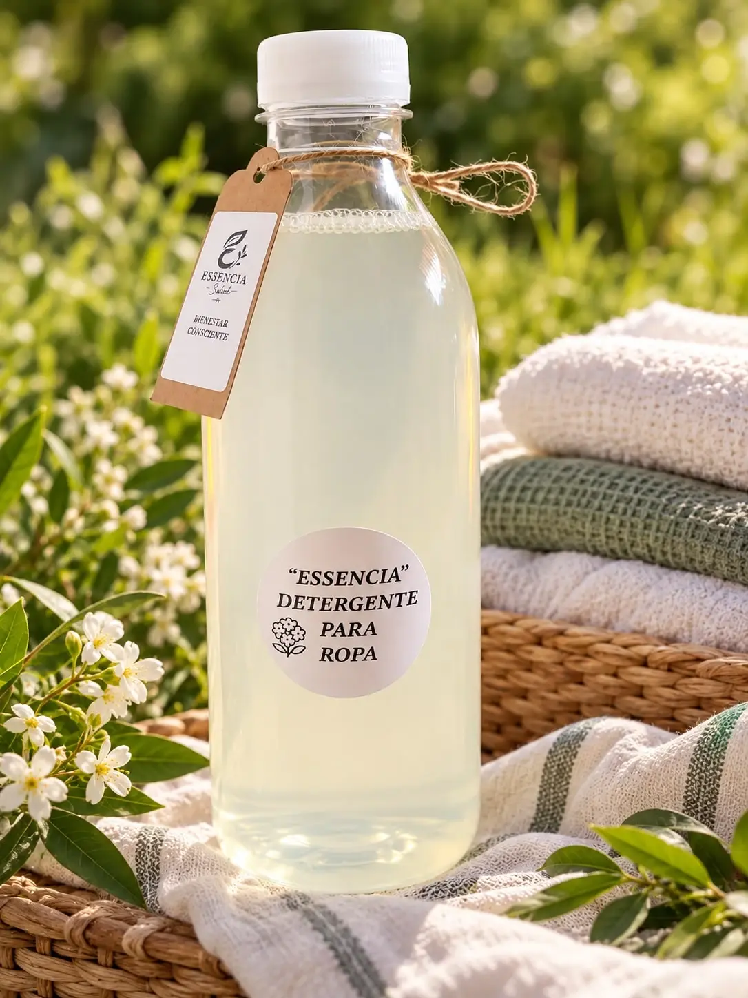 Botella de 1 L del detergente para ropa ESSENCIA con etiqueta de cartón, junto a toallas dobladas