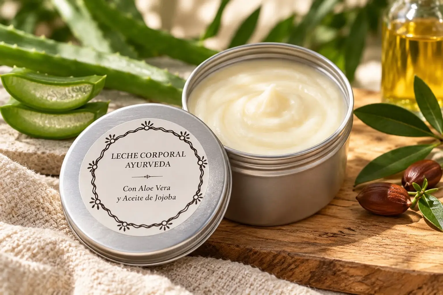 Lata abierta de la leche corporal Ayurveda con aloe vera y aceite de jojoba, junto a hojas de aloe y semillas de jojoba