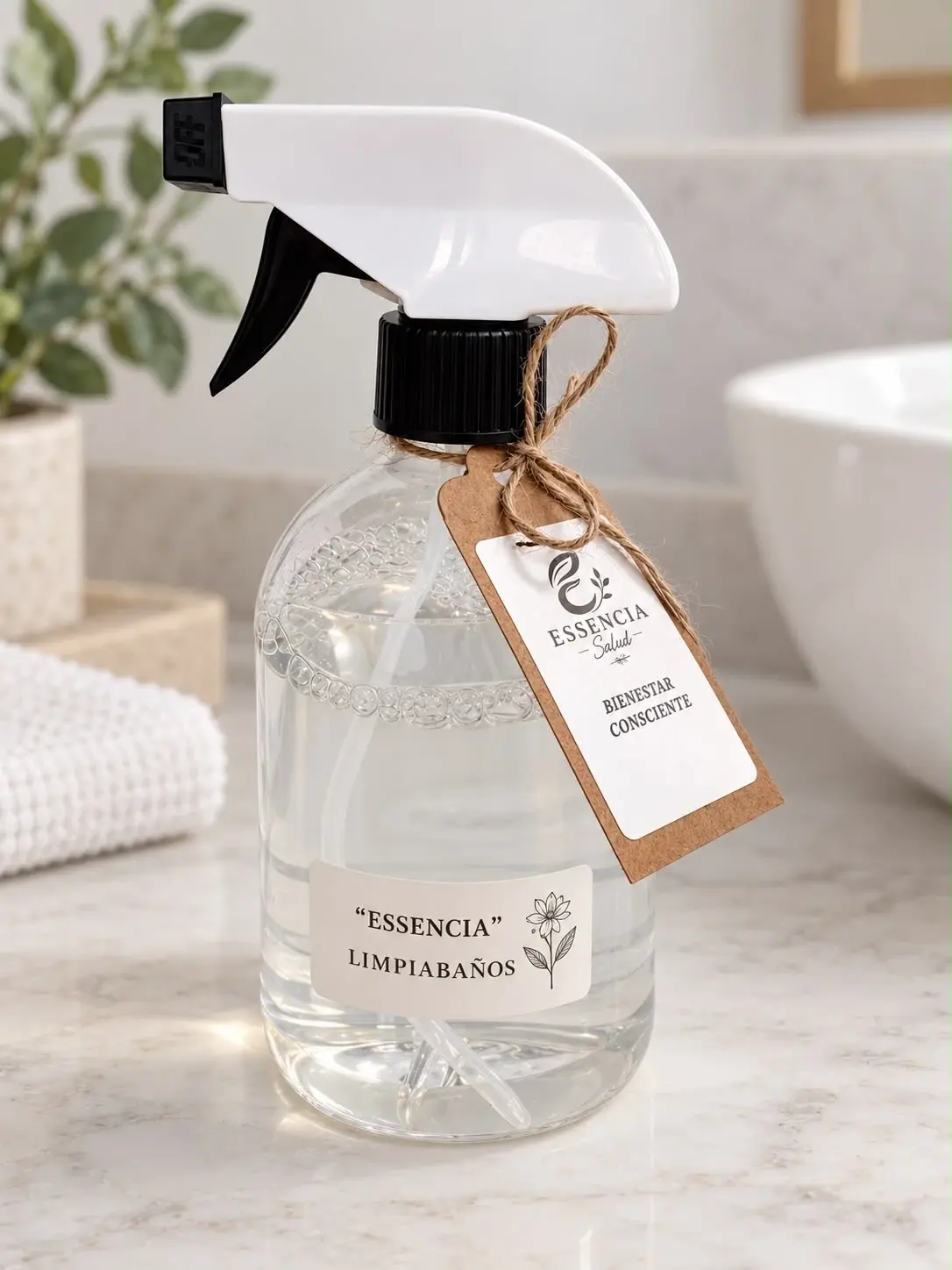 Botella transparente con pulverizador del limpiabaños ESSENCIA, sobre un lavabo