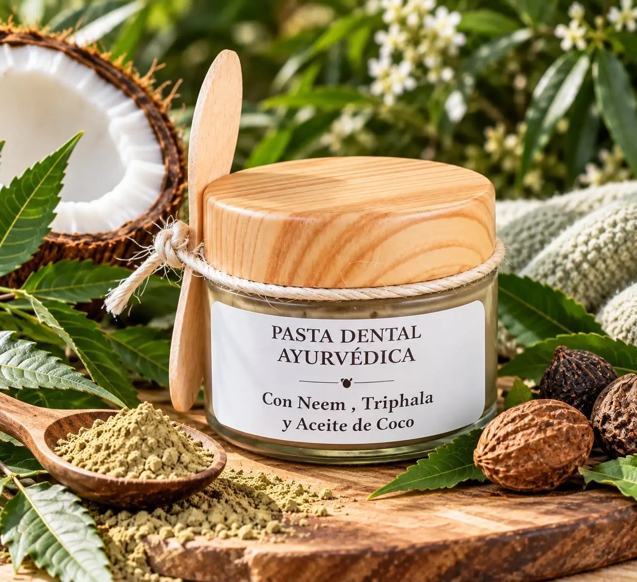 Tarro de pasta dental ayurvédica con tapa de madera y espátula, junto a hojas de neem y medio coco