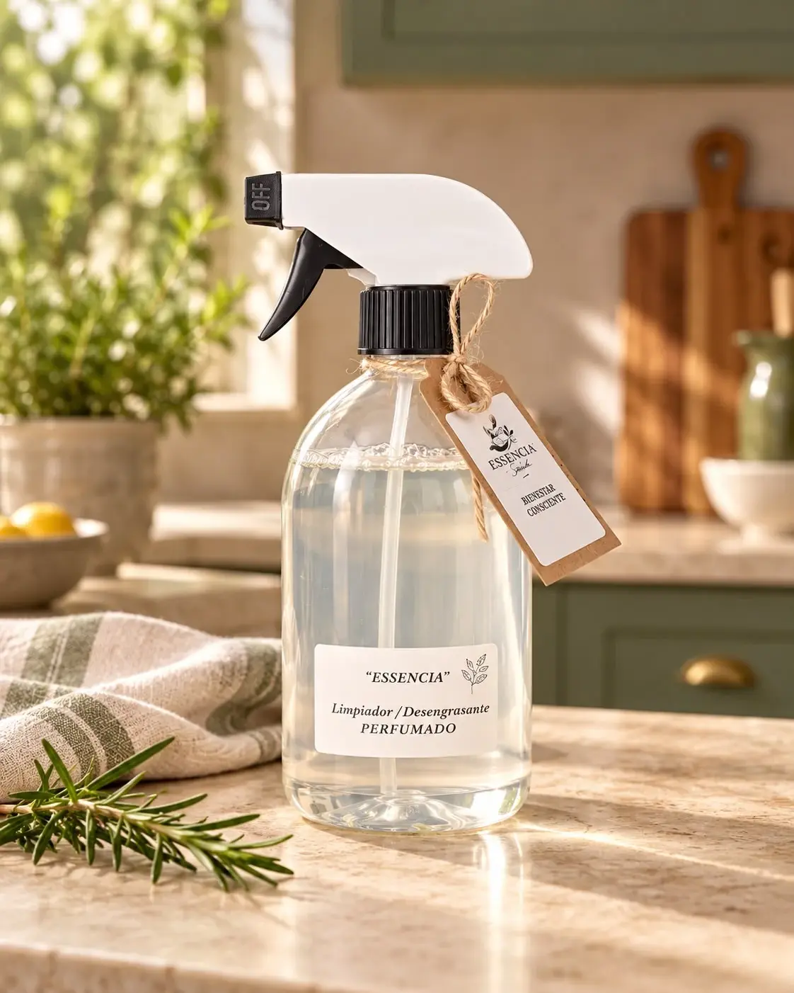Botella transparente con pulverizador del limpiador desengrasante perfumado ESSENCIA, sobre una encimera de cocina