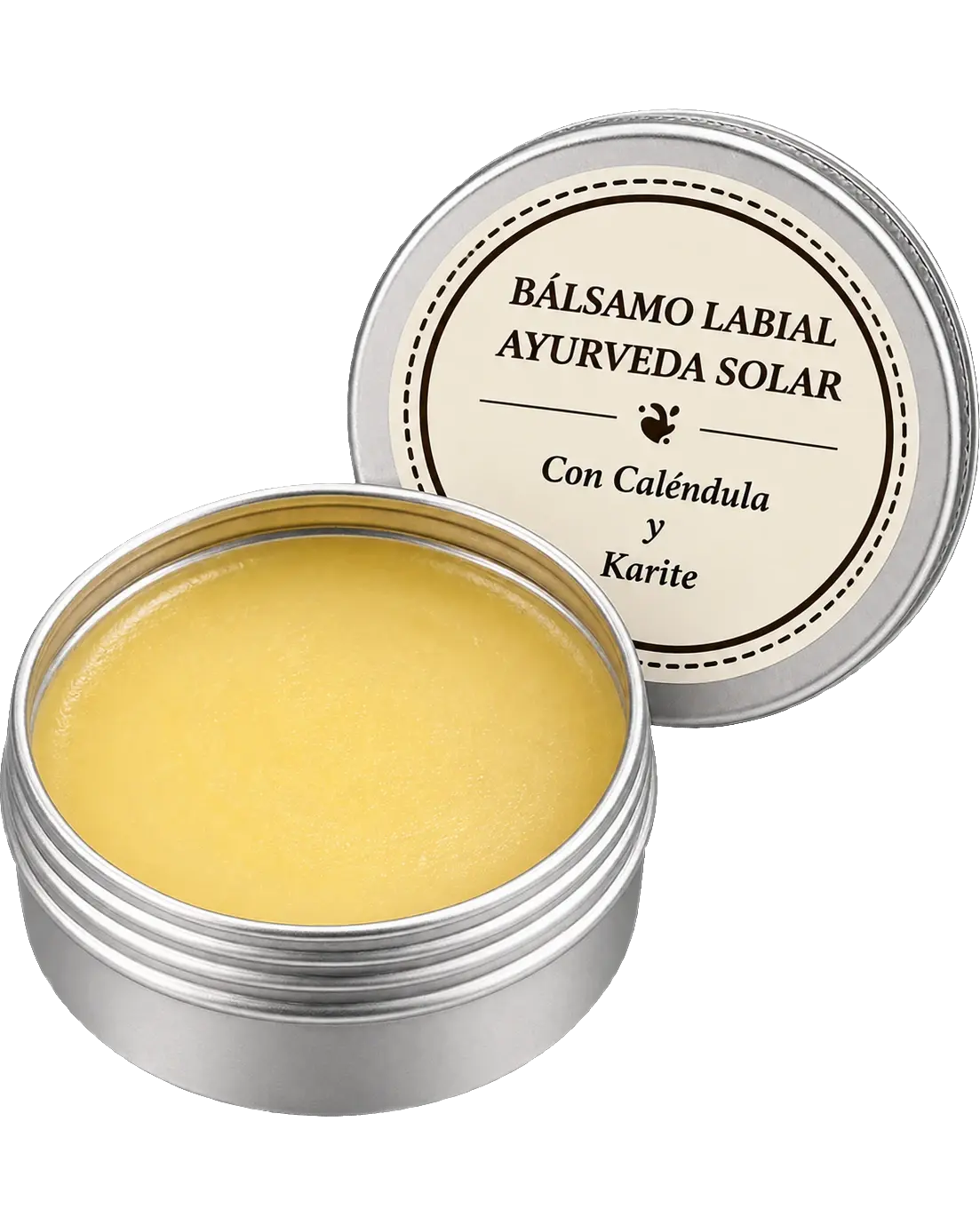 Lata abierta del bálsamo labial Ayurveda Solar, con el bálsamo de color amarillo a la vista