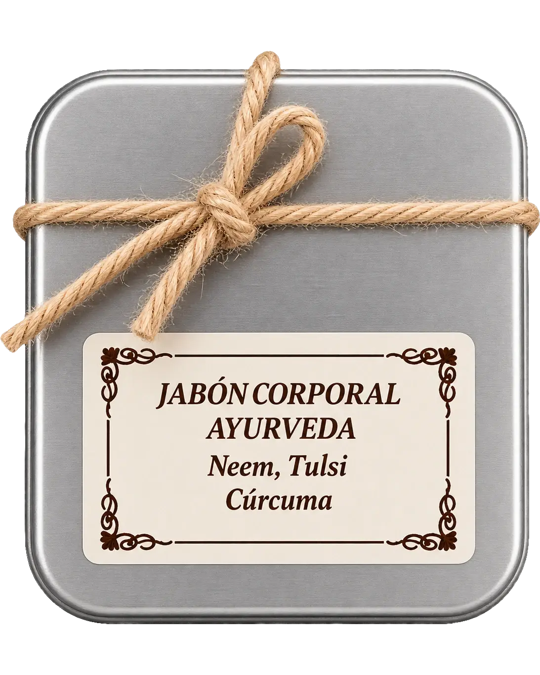 Jabonera metálica cerrada del jabón corporal Ayurveda con Neem, Tulsi y Cúrcuma, atada con cordel