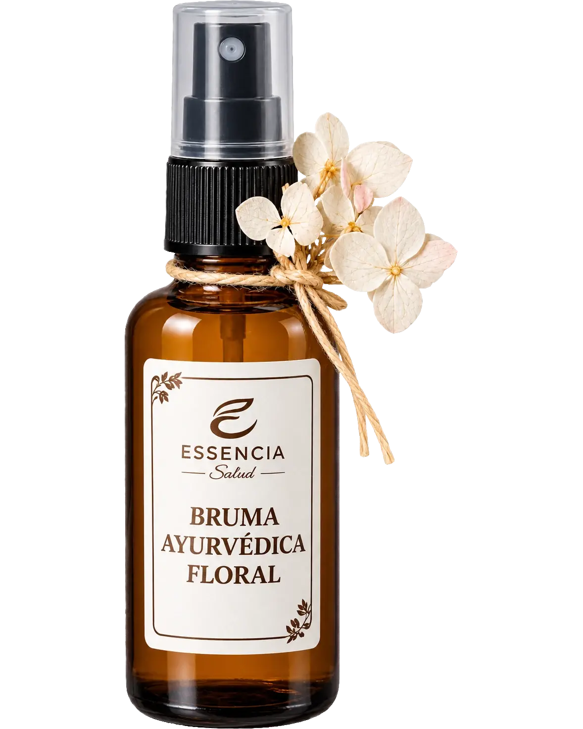 El mismo frasco con un ramillete de hortensias secas atado al cuello con cordel