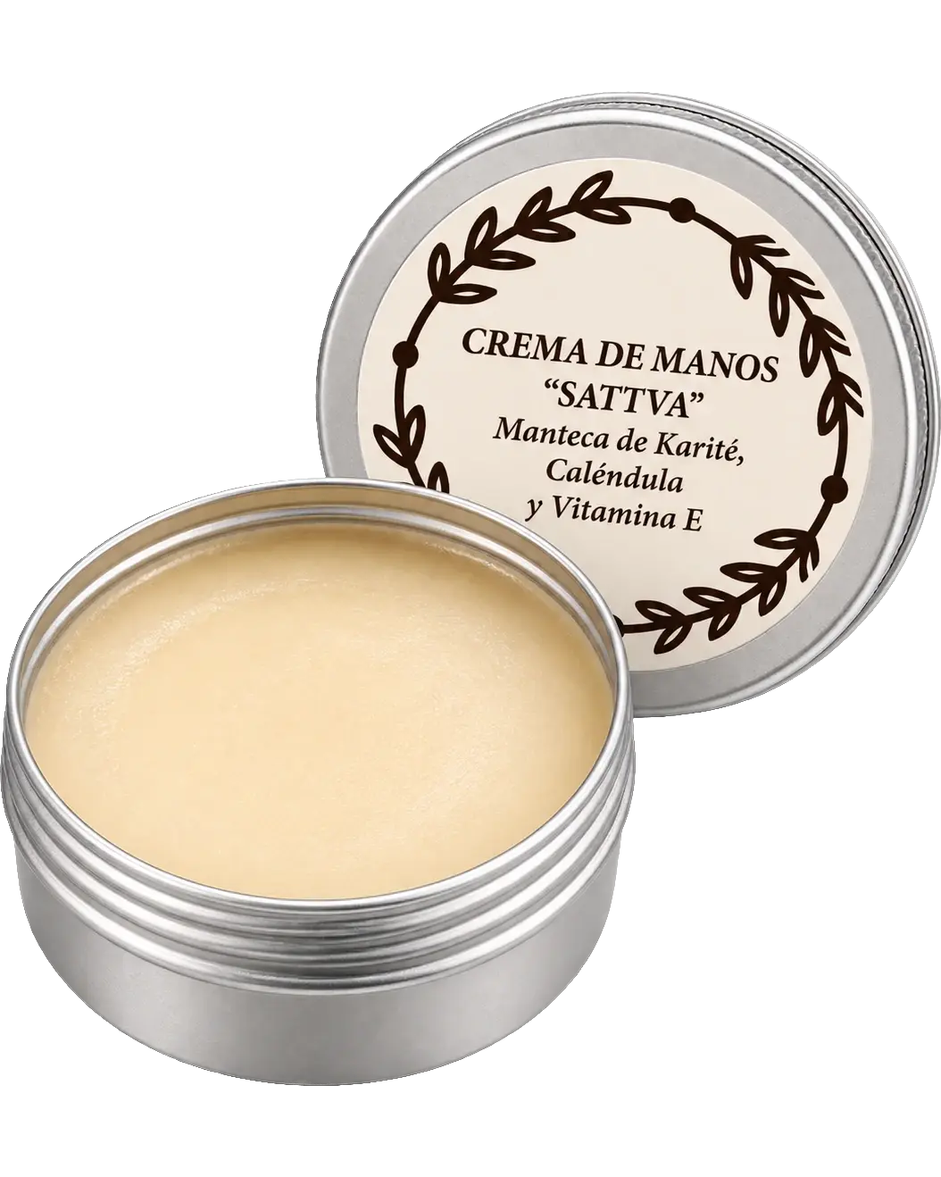 Lata abierta de la crema de manos "Sattva", con la crema de color marfil a la vista