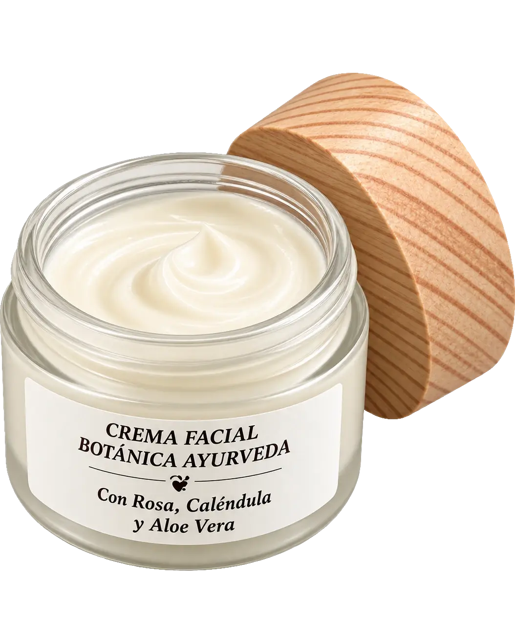 Tarro abierto de la crema facial Botánica Ayurveda, con la crema blanca a la vista y la tapa de madera apoyada al lado