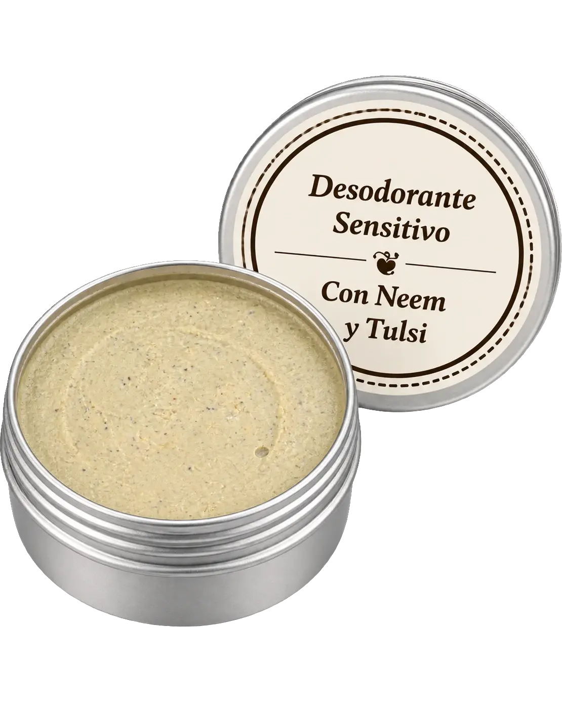 Lata abierta del desodorante sensitivo, con la pasta de color crema a la vista