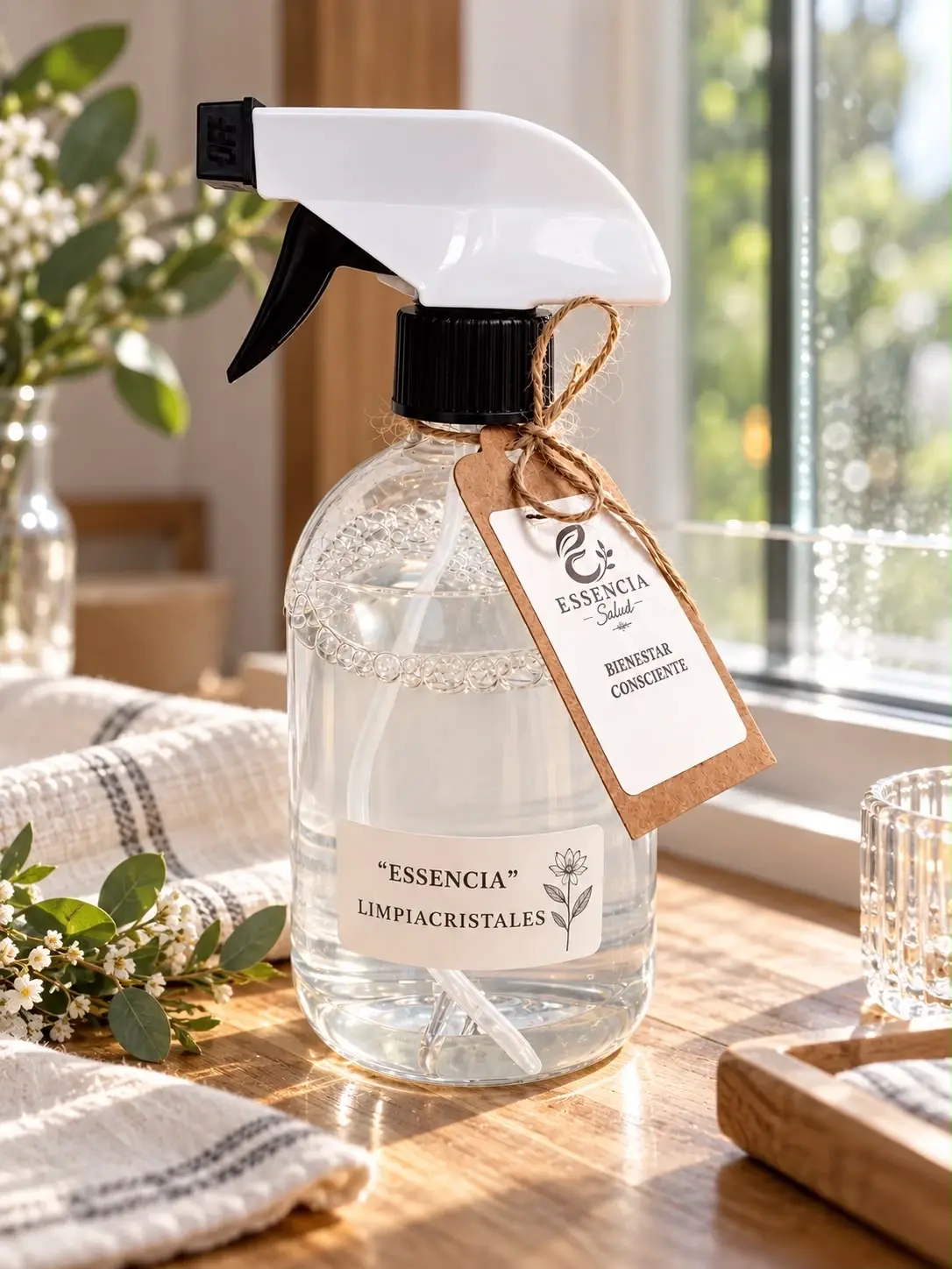 Botella transparente con pulverizador del limpiacristales ESSENCIA, junto a una ventana