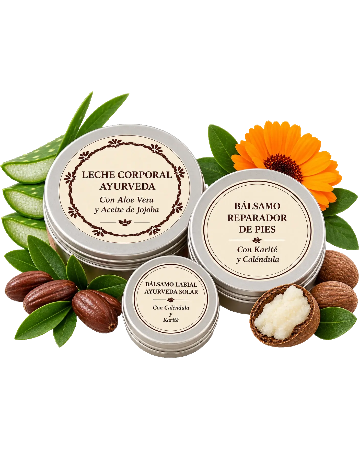 Las tres latas del pack rodeadas de hojas de aloe, una flor de caléndula, nueces de jojoba y manteca de karité