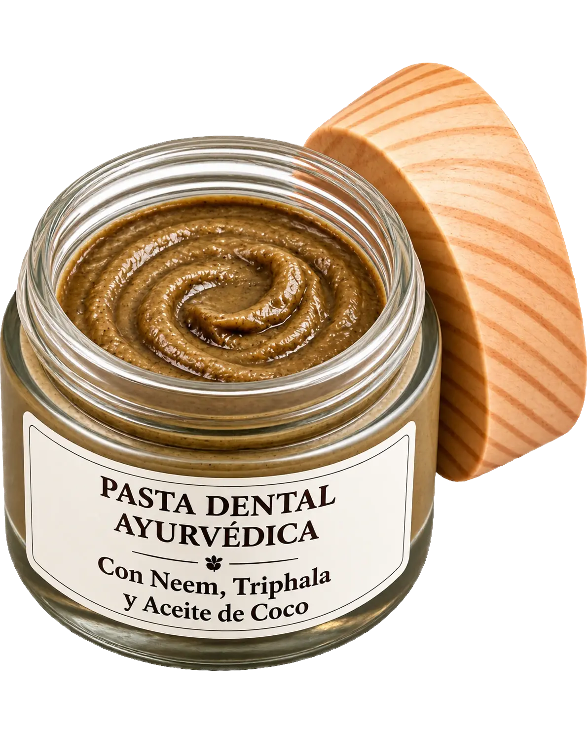 Tarro abierto de la pasta dental ayurvédica, con la pasta de color pardo a la vista y la tapa de madera apoyada al lado
