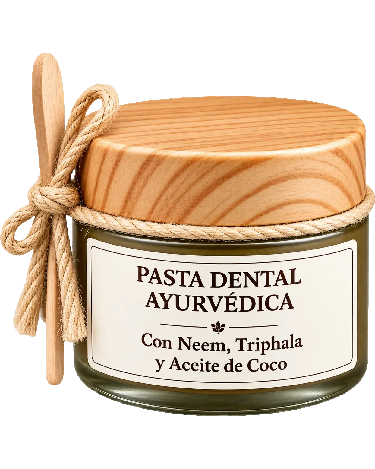 Tarro de vidrio cerrado con tapa de madera de la pasta dental ayurvédica con Neem, Triphala y aceite de coco, atado con cordel junto a una espátula de madera